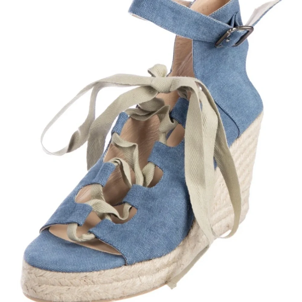 Castaner Blue Canvas Espadrille Wedge Sandals with Ankle Wrap